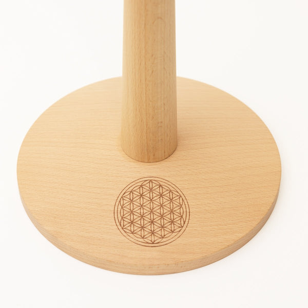 Zenmotion Chime Stand from Gaiachimes, close up of base with Flower of Life engraving, spiritual geometry engraving