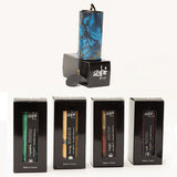 Set of 5 Zaphir Chimes Crystalide, Sunray, Twilight, BlueMoon, Sufi 5 Seasons,  green Crystalide, yellow Sunray, red Twilight, purple Sufi,blue BlueMoon 4 Seasons, including black gift boxes for chimes, Blue Moon unpacked to see deep blue and golden marbled color, handmade in France